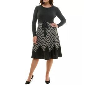 Taylor Chevron Scoop Neck Sweater Dress Tie Waist Midi Brown Plus Size 3X Office